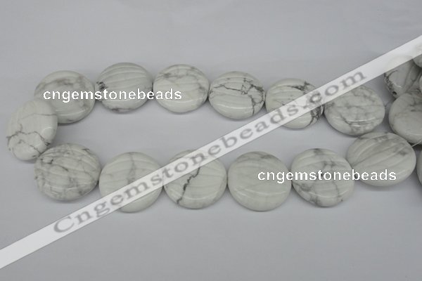 CWB65 15.5 inches 30mm carved coin natural white howlite beads