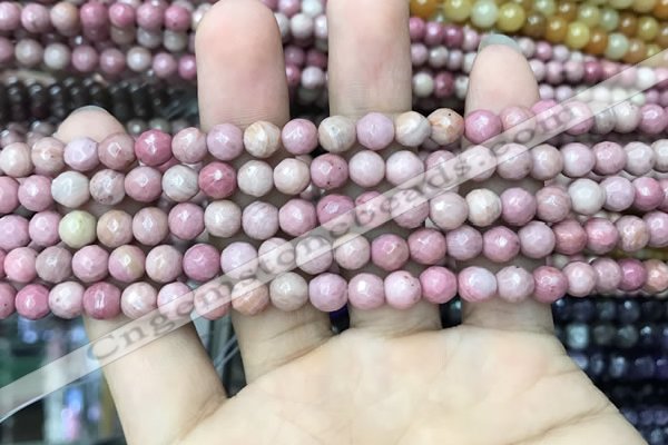 CWF09 15.5 inches 4mm faceted round pink wooden fossil jasper beads