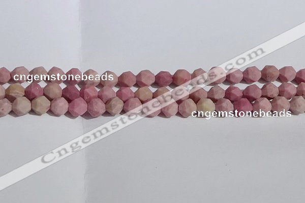 CWF31 8mm faceted nuggets matte pink wooden fossil jasper beads