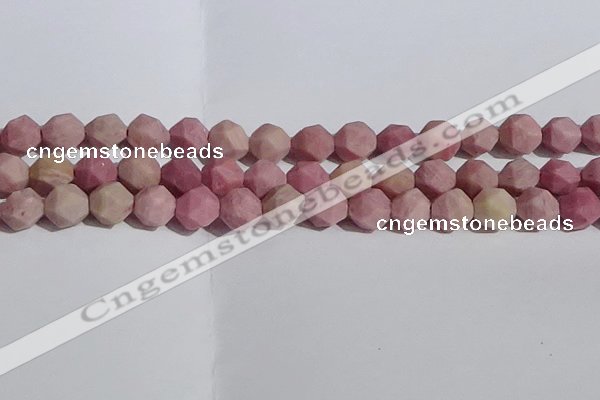 CWF33 12mm faceted nuggets matte pink wooden fossil jasper beads