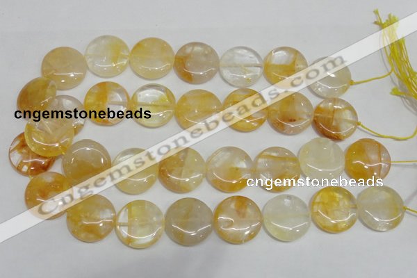 CYC07 15.5 inches 25mm flat round yellow crystal quartz beads