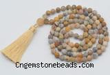 GMN1004 Hand-knotted 8mm, 10mm matte yellow crazy agate 108 beads mala necklaces with tassel