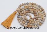 GMN1006 Hand-knotted 8mm, 10mm matte fossil coral 108 beads mala necklaces with tassel