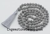 GMN1012 Hand-knotted 8mm, 10mm matte grey picture jasper 108 beads mala necklaces with tassel