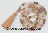 GMN1022 Hand-knotted 8mm, 10mm matte volcano cherry quartz 108 beads mala necklaces with tassel