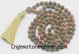 GMN1036 Hand-knotted 8mm, 10mm matte unakite 108 beads mala necklace with tassel