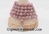 GMN1159 Hand-knotted 8mm, 10mm pink wooden jasper 108 beads mala necklaces with charm