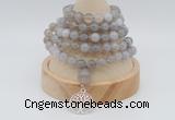 GMN1189 Hand-knotted 8mm, 10mm grey banded agate 108 beads mala necklaces with charm