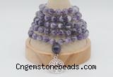 GMN1237 Hand-knotted 8mm, 10mm dogtooth amethyst 108 beads mala necklaces with charm