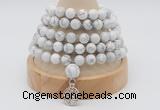 GMN1245 Hand-knotted 8mm, 10mm white howlite 108 beads mala necklaces with charm