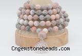 GMN1262 Hand-knotted 8mm, 10mm pink zebra jasper 108 beads mala necklaces with charm