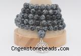 GMN1267 Hand-knotted 8mm, 10mm snowflake obsidian 108 beads mala necklaces with charm