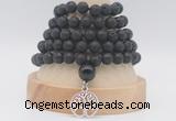 GMN1275 Hand-knotted 8mm, 10mm black lava 108 beads mala necklaces with charm