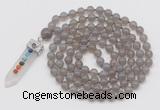 GMN1416 Hand-knotted 8mm, 10mm grey agate 108 beads mala necklace with pendant