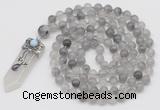 GMN1457 Hand-knotted 8mm, 10mm cloudy quartz 108 beads mala necklace with pendant