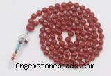 GMN1530 Hand-knotted 8mm, 10mm red agate 108 beads mala necklace with pendant