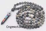 GMN1534 Hand-knotted 8mm, 10mm black water jasper 108 beads mala necklace with pendant