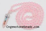 GMN1544 Hand-knotted 8mm, 10mm rose quartz 108 beads mala necklace with pendant