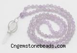 GMN1552 Knotted 8mm, 10mm lavender amethyst 108 beads mala necklace with pendant