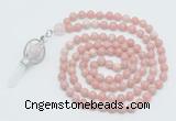 GMN1553 Knotted 8mm, 10mm Chinese pink opal 108 beads mala necklace with pendant
