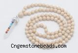 GMN1554 Knotted 8mm, 10mm white fossil jasper 108 beads mala necklace with pendant
