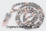 GMN1556 Knotted 8mm, 10mm pink zebra jasper 108 beads mala necklace with pendant