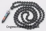 GMN1561 Knotted 8mm, 10mm black obsidian 108 beads mala necklace with pendant