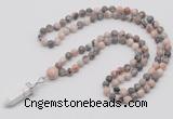 GMN1609 Hand-knotted 6mm pink zebra jasper 108 beads mala necklace with pendant