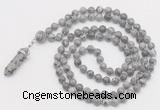 GMN1652 Hand-knotted 6mm grey picture jasper 108 beads mala necklaces with pendant