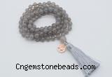 GMN1750 Knotted 8mm, 10mm grey agate 108 beads mala necklace with tassel & charm