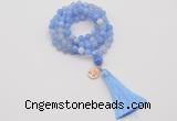 GMN1753 Knotted 8mm, 10mm blue banded agate 108 beads mala necklace with tassel & charm