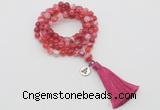 GMN1756 Knotted 8mm, 10mm red banded agate 108 beads mala necklace with tassel & charm