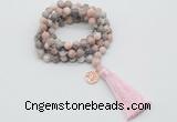 GMN1770 Knotted 8mm, 10mm pink zebra jasper 108 beads mala necklace with tassel & charm