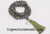 GMN1780 Knotted 8mm, 10mm dragon blood jasper 108 beads mala necklace with tassel & charm