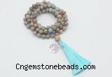 GMN1781 Knotted 8mm, 10mm serpentine jasper 108 beads mala necklace with tassel & charm