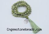 GMN1787 Knotted 8mm, 10mm China jade 108 beads mala necklace with tassel & charm