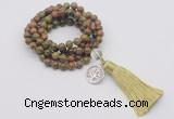 GMN1789 Knotted 8mm, 10mm unakite 108 beads mala necklace with tassel & charm