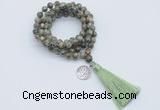 GMN1791 Knotted 8mm, 10mm rhyolite 108 beads mala necklace with tassel & charm