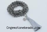 GMN1796 Knotted 8mm, 10mm labradorite 108 beads mala necklace with tassel & charm