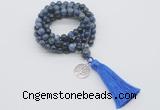 GMN1798 Knotted 8mm, 10mm dumortierite 108 beads mala necklace with tassel & charm