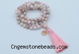 GMN1807 Knotted 8mm, 10mm natural pink opal 108 beads mala necklace with tassel & charm