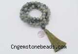 GMN1816 Knotted 8mm, 10mm seaweed quartz 108 beads mala necklace with tassel & charm