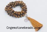 GMN1828 Knotted 8mm, 10mm yellow tiger eye 108 beads mala necklace with tassel & charm