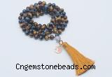 GMN1832 Knotted 8mm, 10mm colorful tiger eye 108 beads mala necklace with tassel & charm