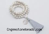 GMN1838 Knotted 8mm, 10mm white howlite 108 beads mala necklace with tassel & charm