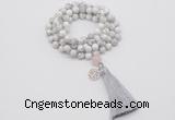 GMN1839 Knotted 8mm, 10mm white howlite 108 beads mala necklace with tassel & charm