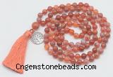 GMN1866 Knotted 8mm, 10mm fire agate 108 beads mala necklace with tassel & charm