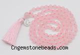 GMN1872 Knotted 8mm, 10mm rose quartz 108 beads mala necklace with tassel & charm