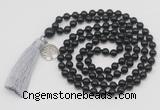 GMN1875 Knotted 8mm, 10mm black obsidian 108 beads mala necklace with tassel & charm