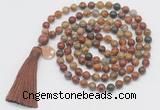 GMN1878 Knotted 8mm, 10mm picasso jasper 108 beads mala necklace with tassel & charm